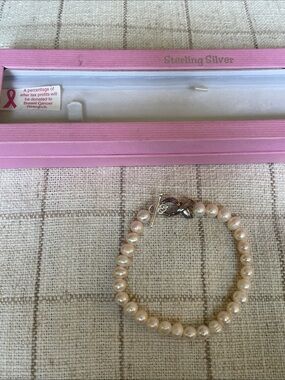 Sterling Silver Pearl Breast Cancer Bracelet